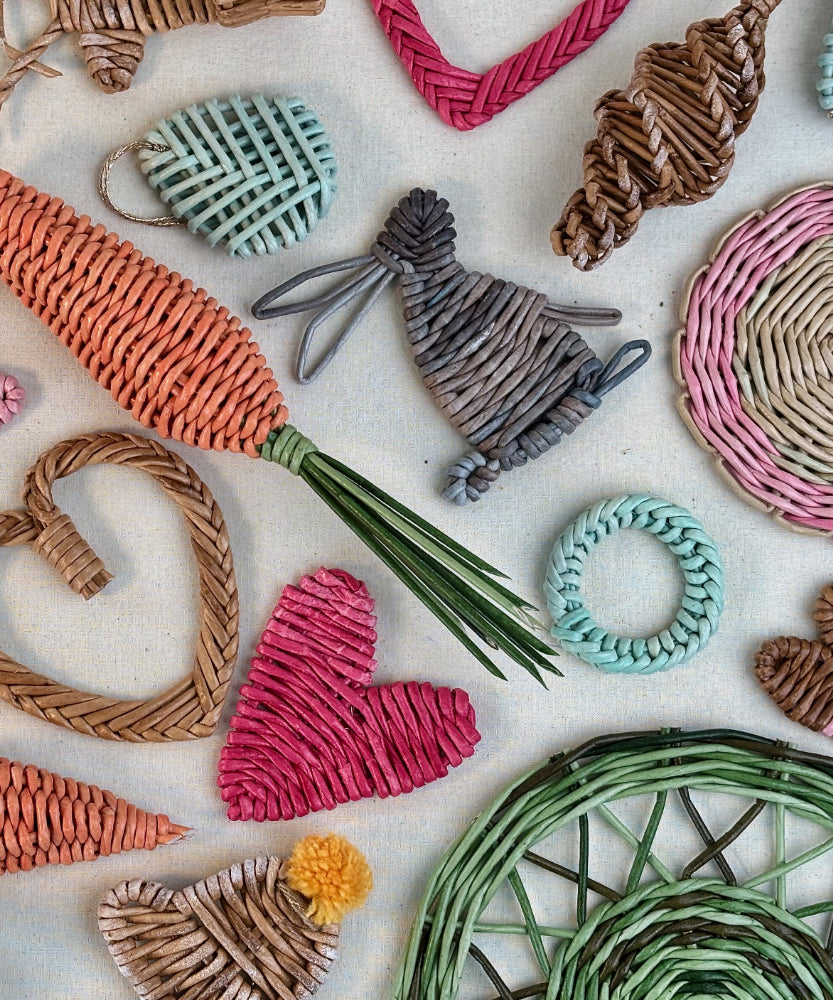 Small woven decorative paper vine rabbits, hearts, carrots, mushrooms, coasters
