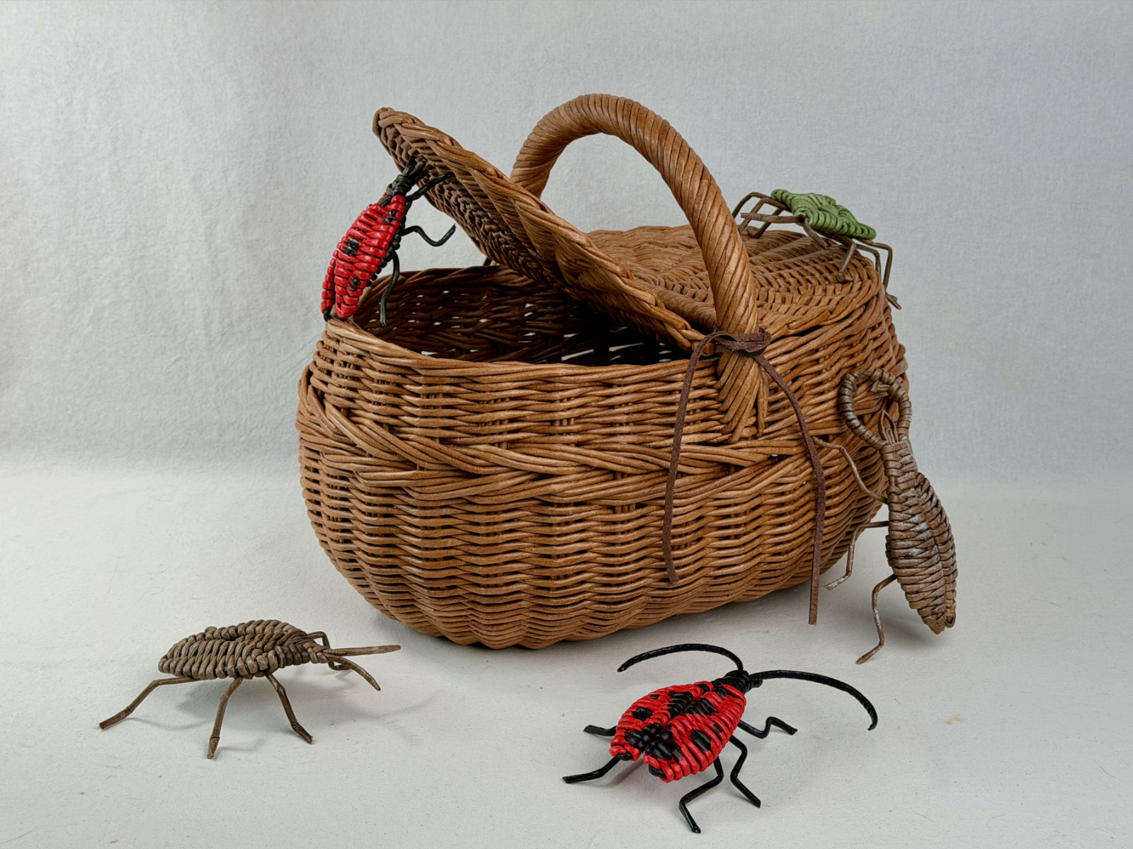 Paper vine woven large oval basket with foldable lid surrounded by woven bugs