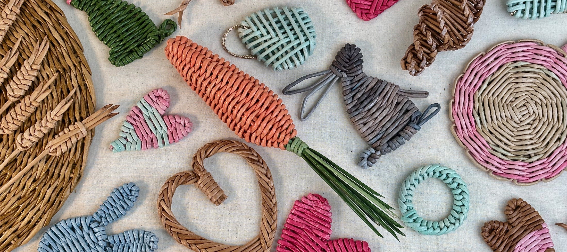 Small woven decorative paper vine rabbits, hearts, carrots, mushrooms, coasters